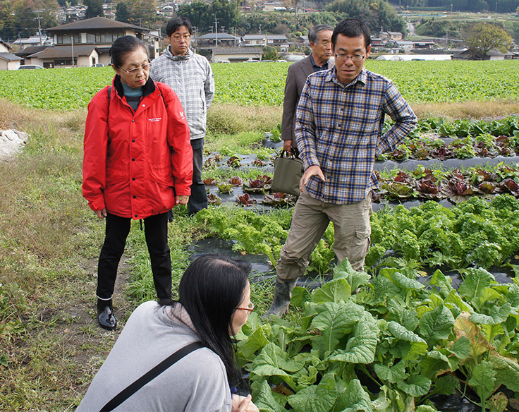 食材を仕入れる地元生産者山本有機農園の山本克也さんの圃場で説明を聞く病院関係者。