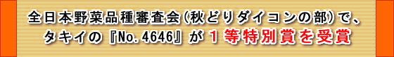 全日本野菜品種審査会（秋どりダイコンの部）でタキイの『No.4646』が１等特別賞を受賞