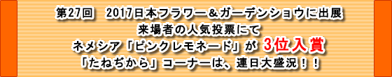 第27回　2017日本フラワー＆ガーデンショウに出展 来場者の人気投票にてネメシア「ピンクレモネード」が3位入賞 「たねぢから」コーナーは、連日大盛況！！