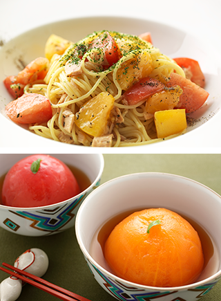 「桃太郎ゴールド」の「冷製パスタ」（上）と「トマトおでん」（下）。肉質は緻密でしっかりとしているので、生でも加熱してもおいしく食べられる。