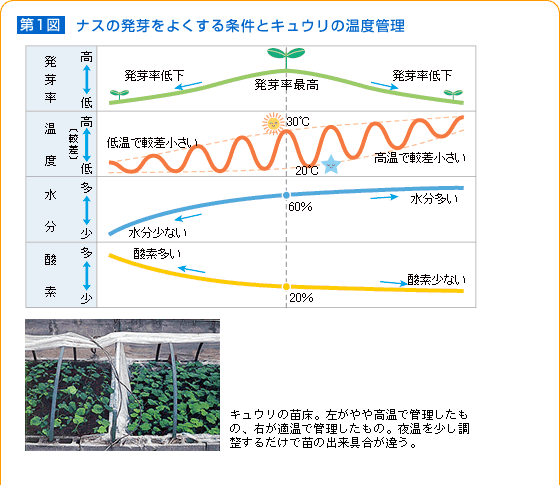 【第1図】ナスの発芽をよくする条件とキュウリの温度管理