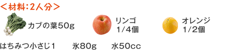 カブの葉50g　リンゴ1/4個　オレンジ1/2個　はちみつ小さじ１　氷８０g　水５０cc